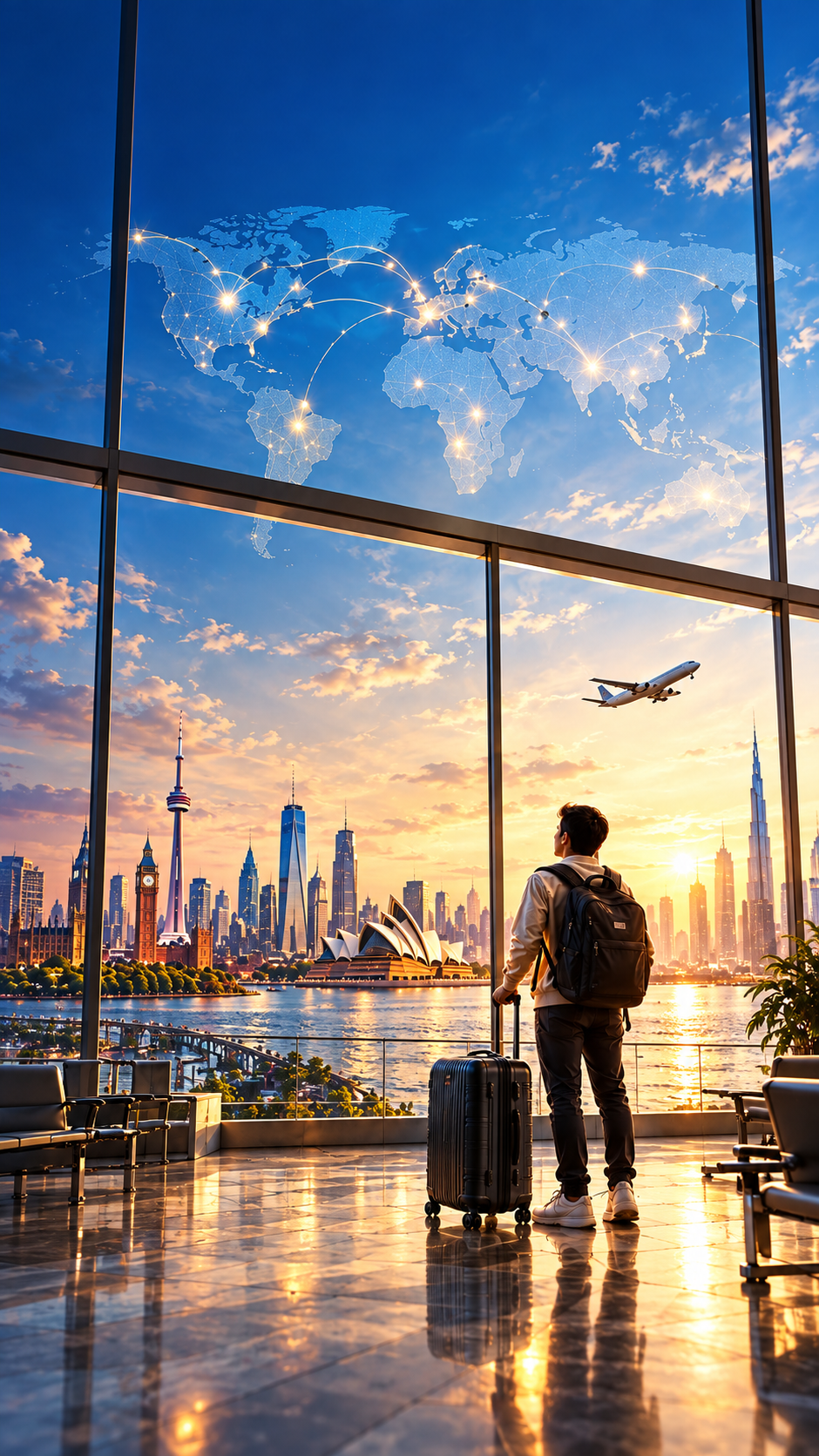 Illustration of a student traveler with luggage looking out over a world map connecting Toronto, London, New York, Sydney and Dubai skylines, with a plane departing