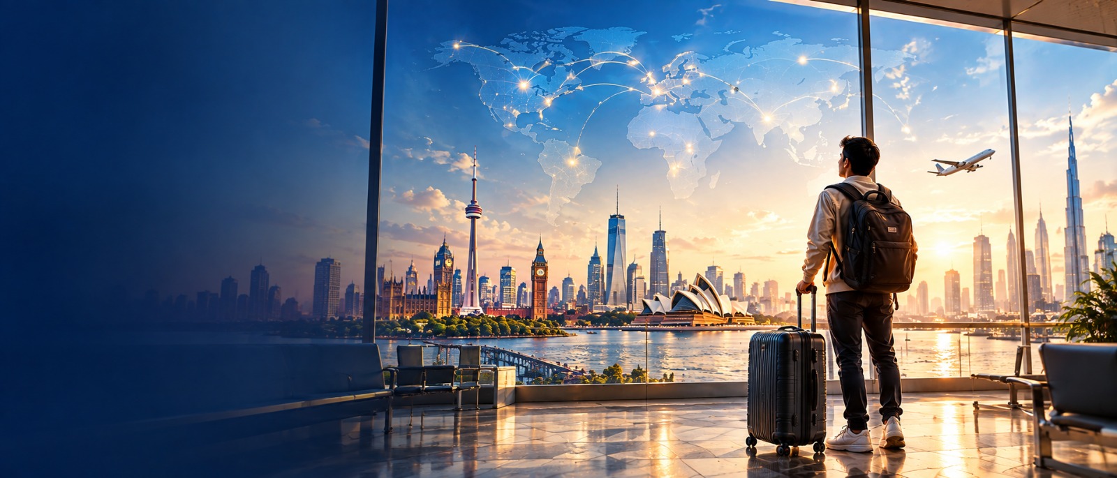 Illustration of a student traveler with luggage looking out over a world map connecting Toronto, London, New York, Sydney and Dubai skylines, with a plane departing